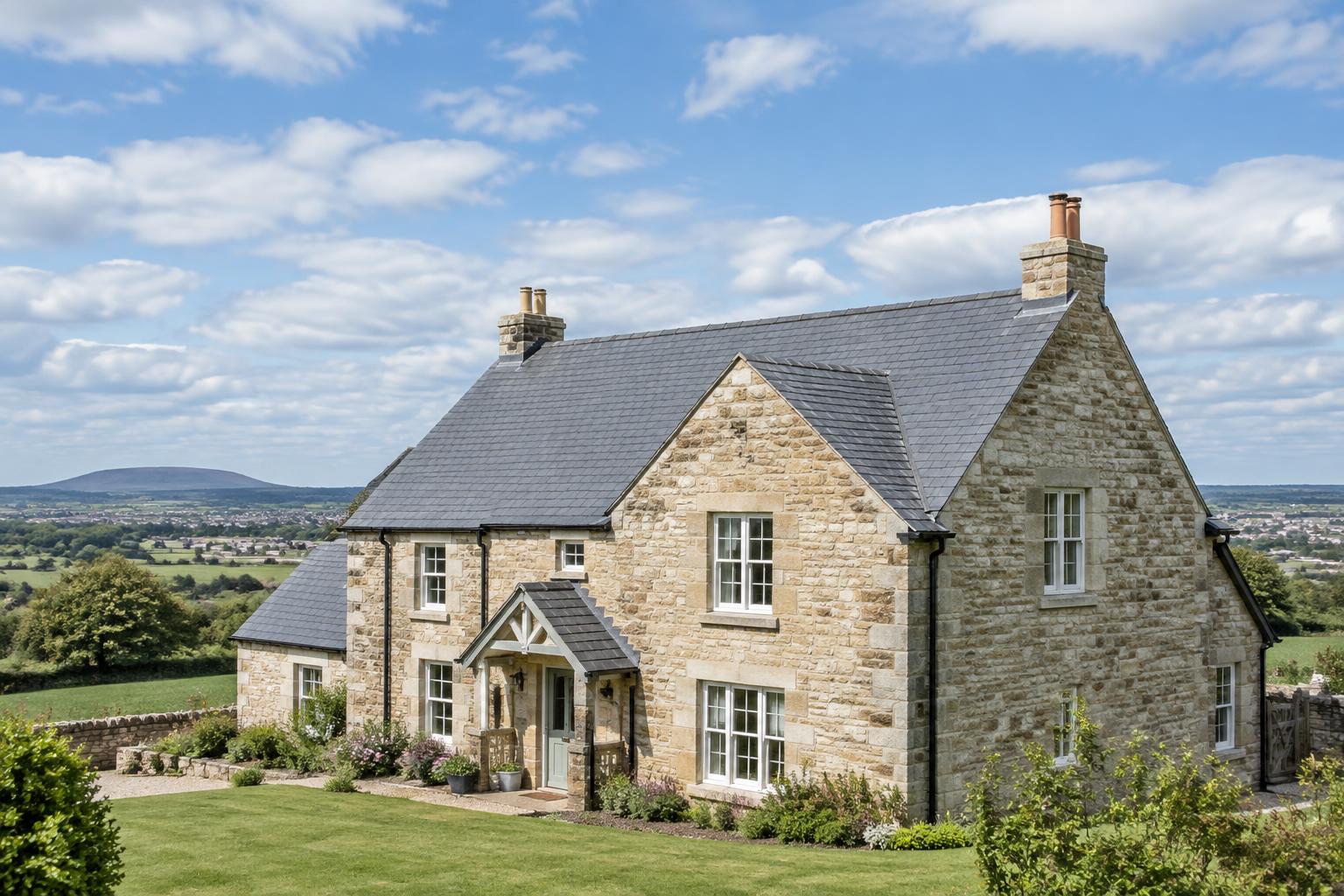 New grey slate roof on a Scottish stone house near Bathgate